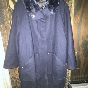 Escada Wool Angora Warm Coat Fur Collar Gold Snaps 2-way Zip Navy size 42 (US 10